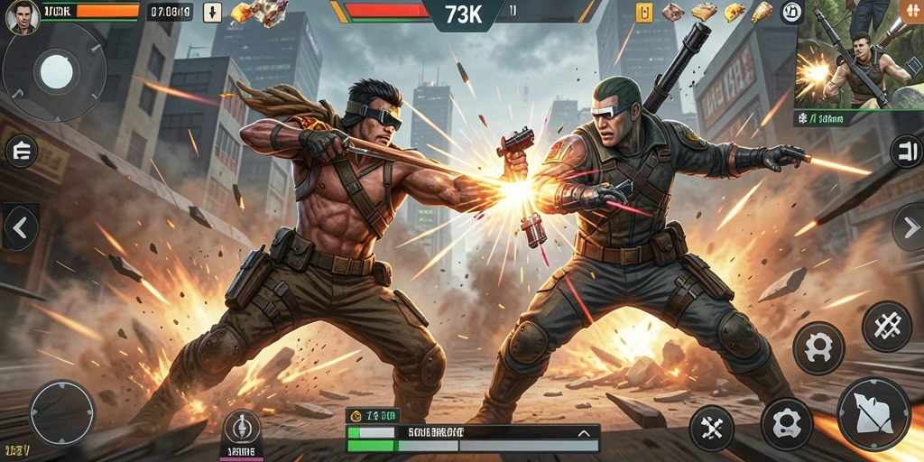 Screenshot gameplay <strong>73K</strong> menampilkan aksi seru saat bertarung melawan musuh.