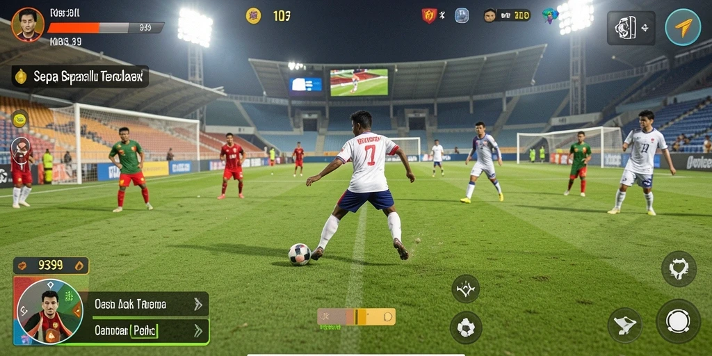 Tangkapan layar gameplay dari 9399 menampilkan aksi sepak bola yang mendebarkan.