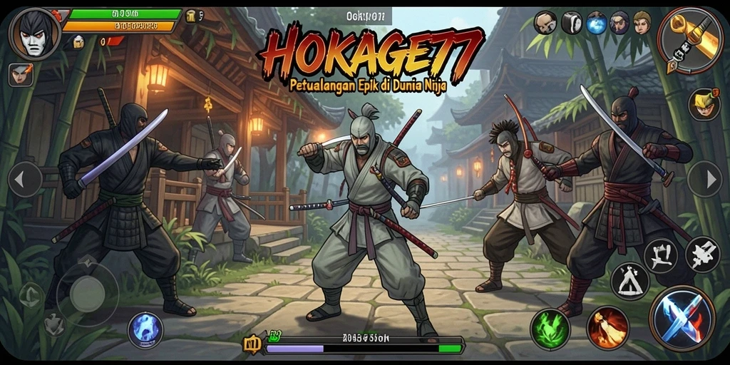 Gameplay HOKAGE77 menampilkan karakter ninja dalam aksi petualangan mendebarkan.