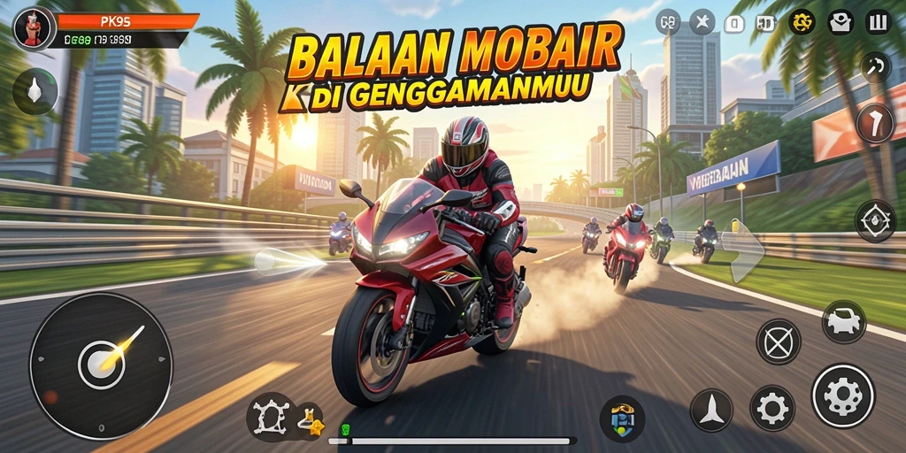 Screenshot PK95 menampilkan aksi balapan motor yang mendebarkan.