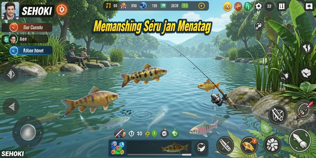 Tampilan gameplay <strong>SEHOKI</strong> saat menangkap ikan di tepi danau.